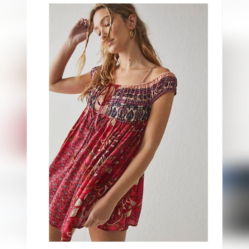 INTIMATELY FREE PEOPLE Bali Mariposa Boho Slip Mini Dress Off Shoulder NWOT